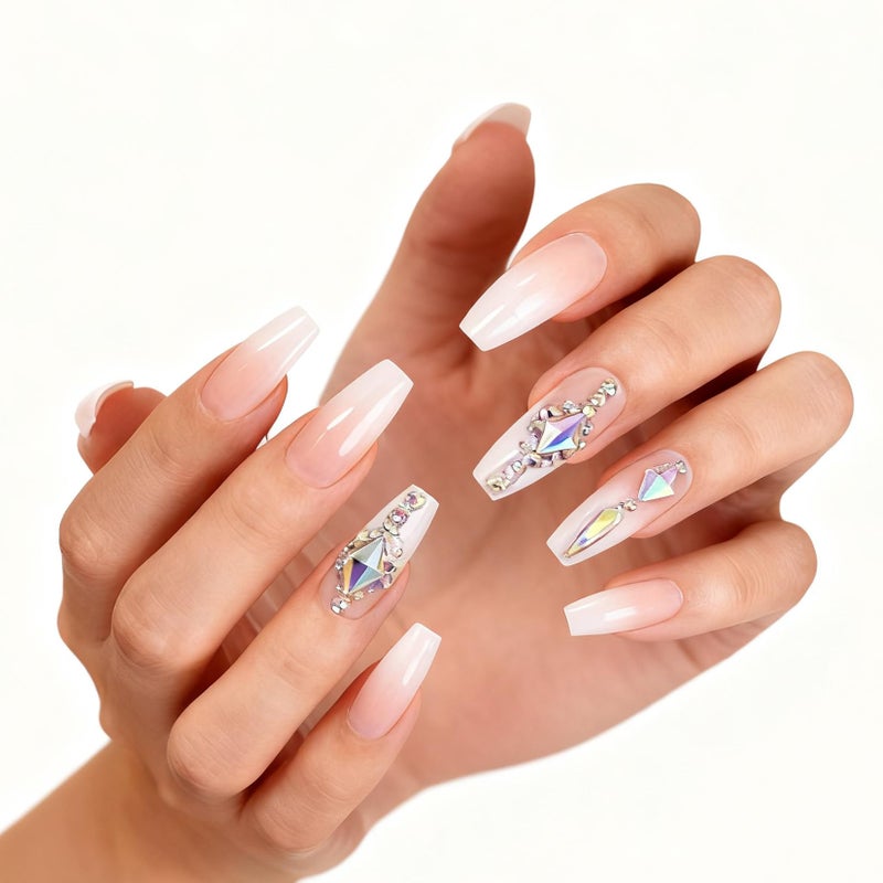 EchiQ Luxury Nails Custom Large Stones Decorated Nail Art Tips Luxe Icy Ombre Coffin Shape Press On Nails Natural with Glue Sticker